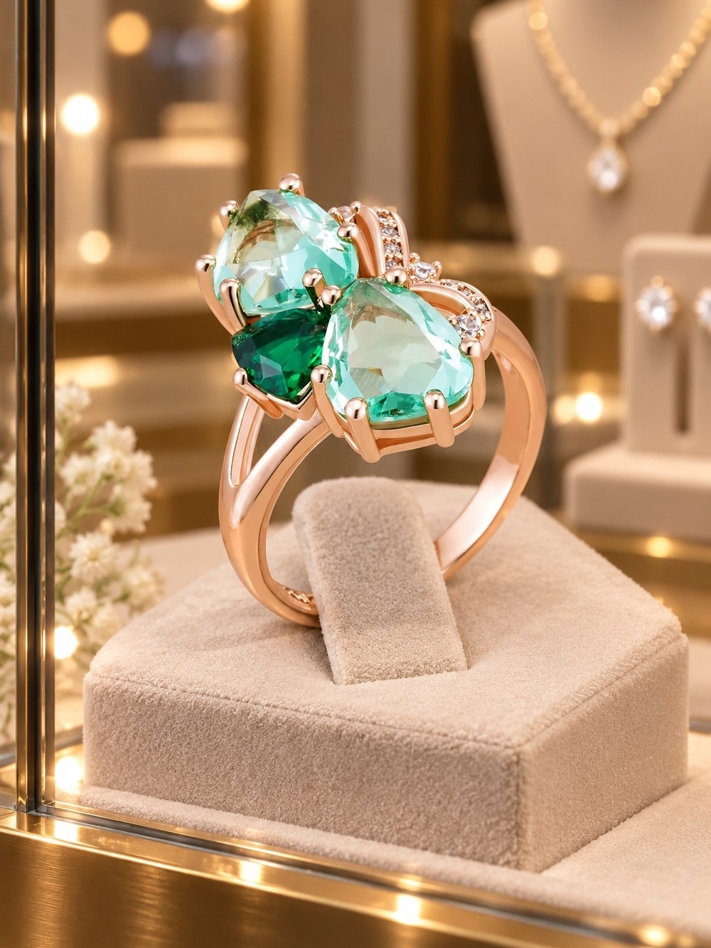 Elegant Rose Gold Green Teardrop Crystal Ring